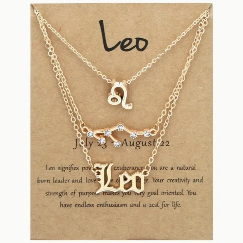 🍏50% OFF/3+...♌ 3-piece zodiac Leo link chain necklace set (Gold tone)